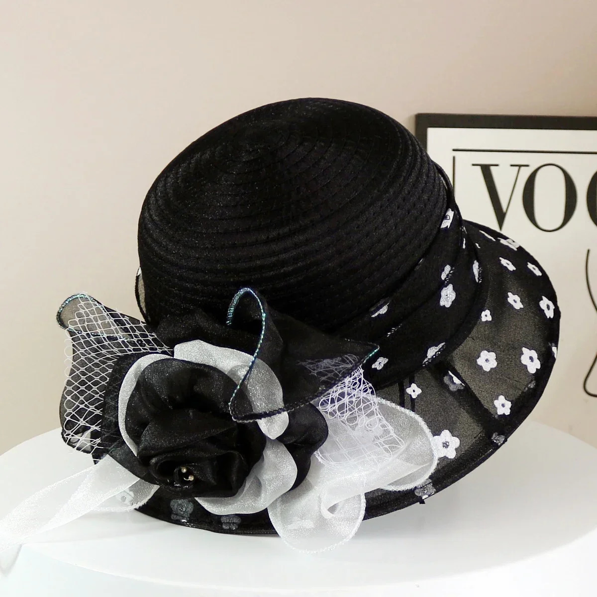 Fashion Hat Women Top Hat Elegant Organza Flower Wide Brim Sun Hat for Women Retro Style Party Banquet Accessory Foldable Beach 260208
