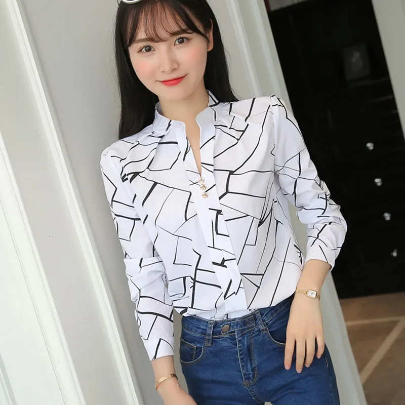 Xpqbb Autumn White Shirt for Women Fashion Stripe Print Long Sleeve Office Lady Blouses Casual Loose Standup Collar Blusas 250203