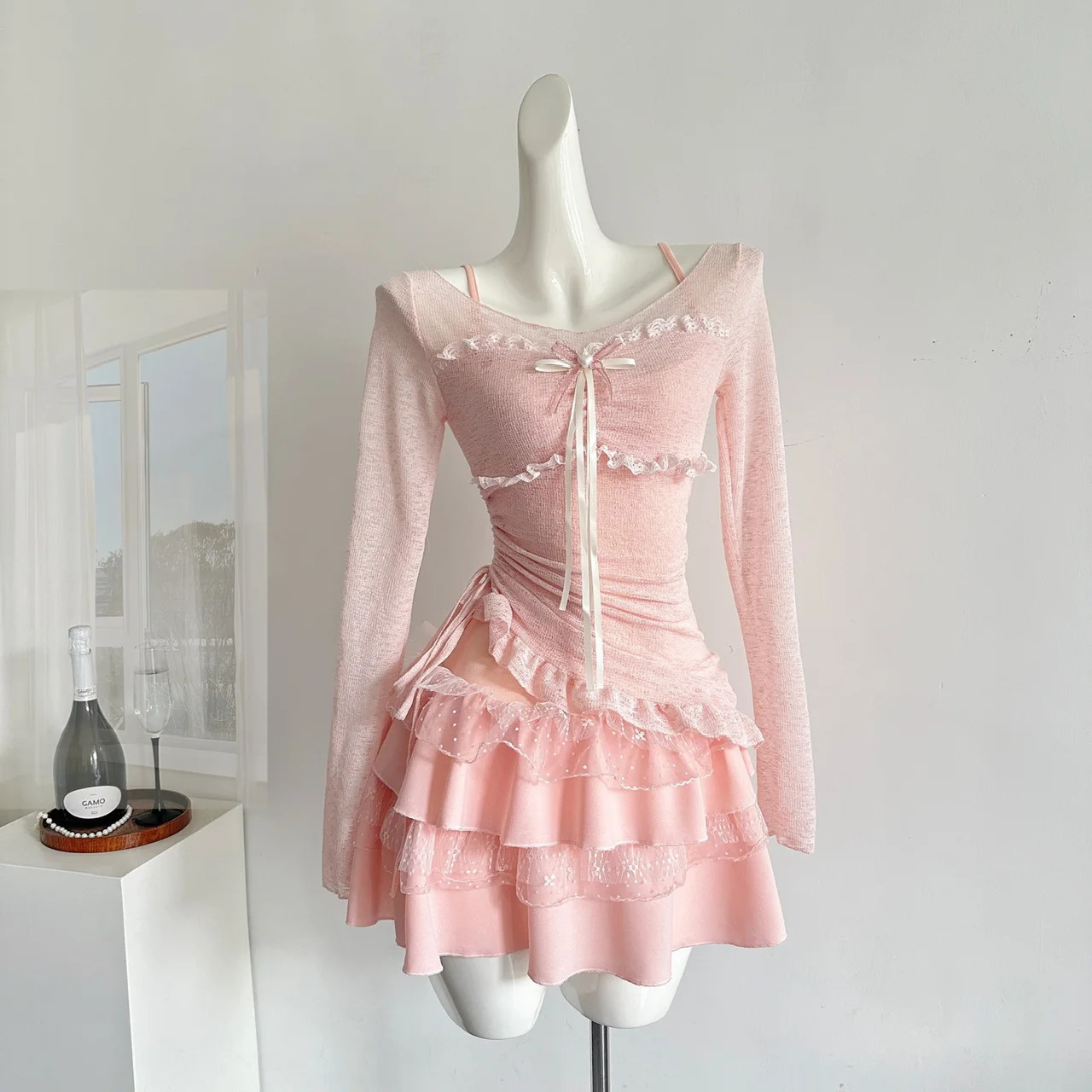Japanese Sweet Y2k Elegant 2 Piece Set Woman Long Sleeve Chic Blouse Mini Ruffle Skirt Female Korea Style Rave Birthday Outfits 260208