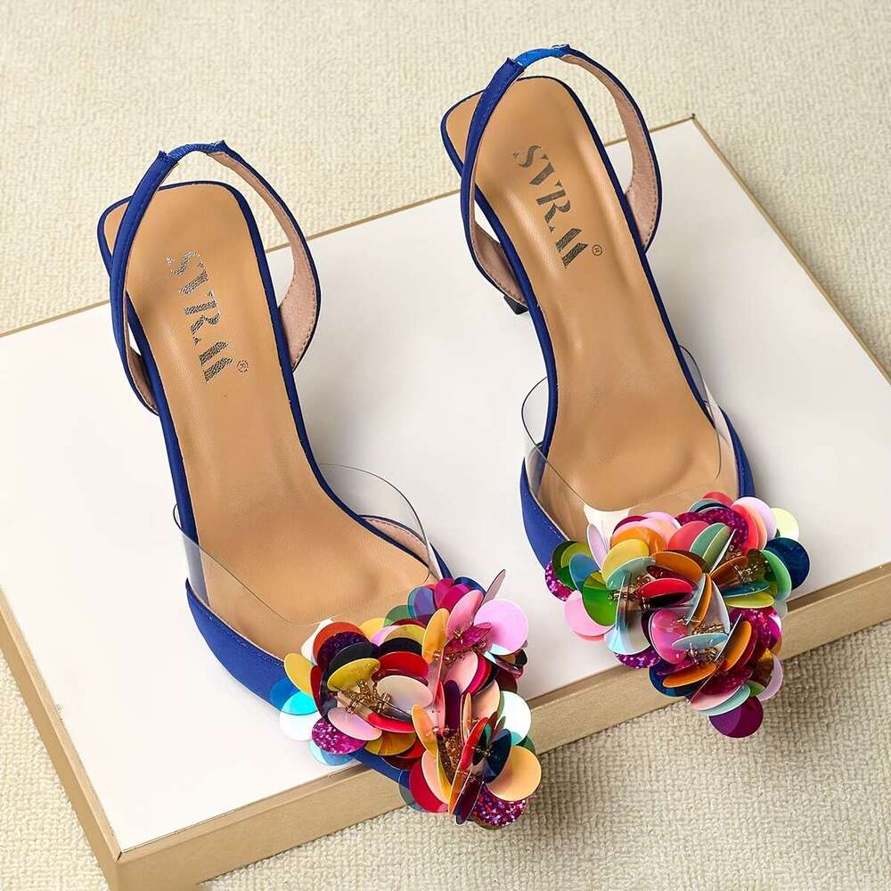 Ladies Fashionable Pointed Toe Open Back Ultra High Heeled Sandals Adorned With Sequined Design At The Toe Perfect For Parties Banquets Weddings And O