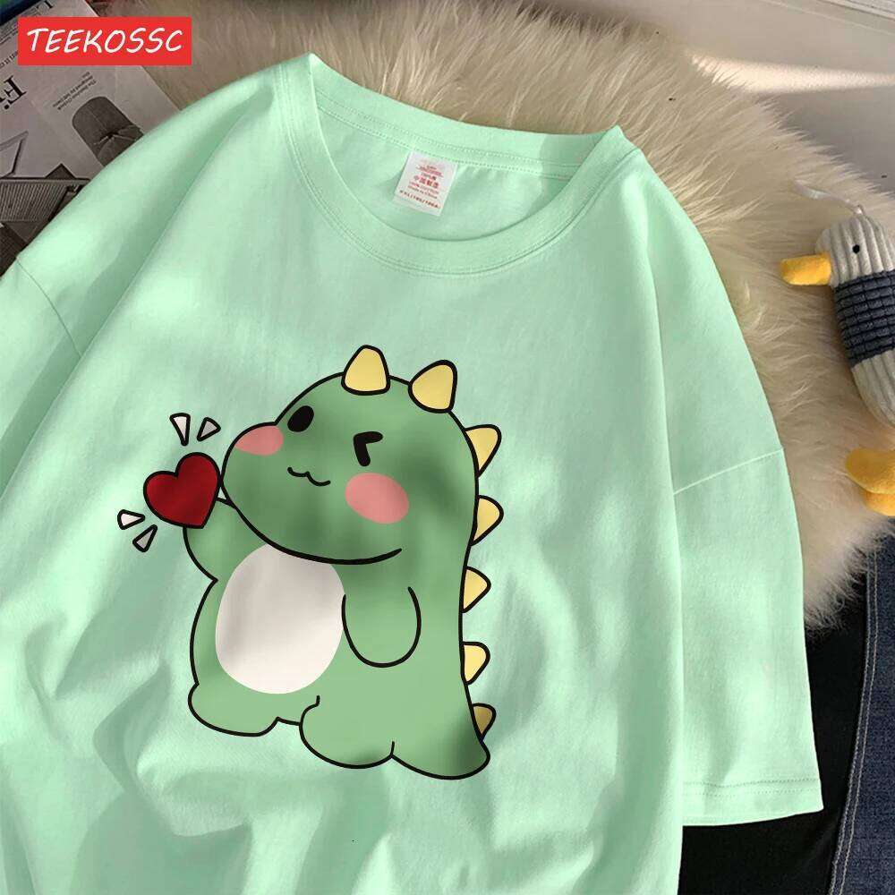 Trend Cotton Women'S T-Shirts Cute Little Dinosaur Confesses Love Printing Tee Shirts Soft Loose O-Neck Summer Female Clothes X260209