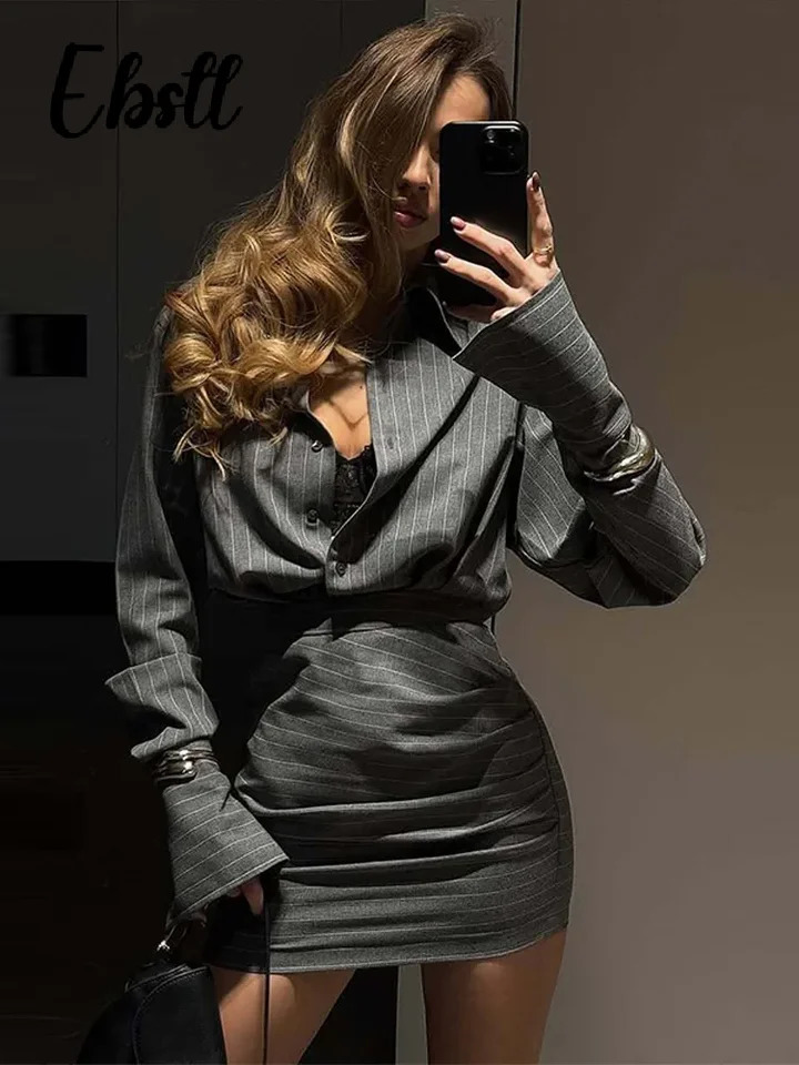 Elegant Striped Shirt Skirts Set Womens Slim Single Breasted Blouse Hip Package Short Skirt Autumn Female Chic Outfits 260208