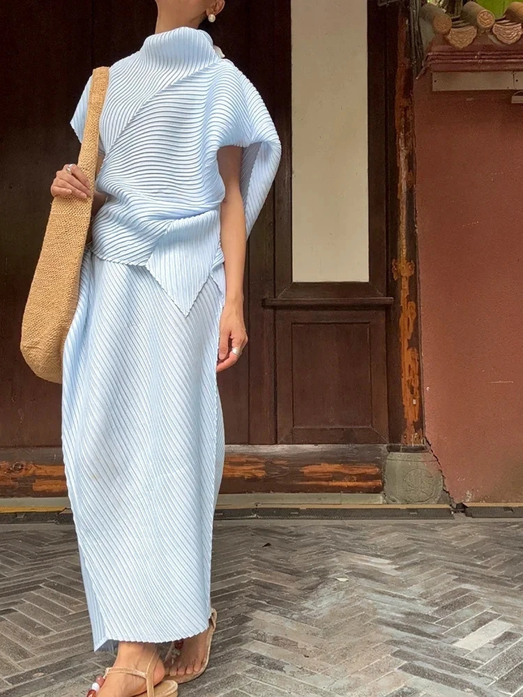 Miyake Pleated Women Set 2026 Summer Solid Color Irregular n Tshirt Loose Large Half Skirt Female Two Piece 250203