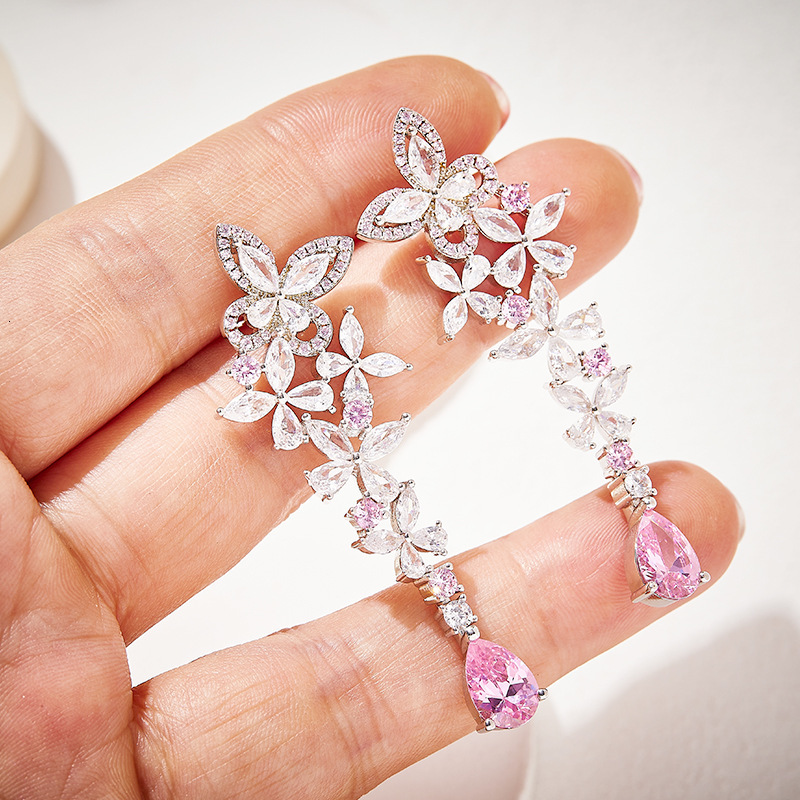 Earrings Delicate Butterfly Earrings, Gold-Plated, Pear-Shaped Pink Diamond Earrings, Exquisitely Crafted, Luxurious Elegant, Long Earrings