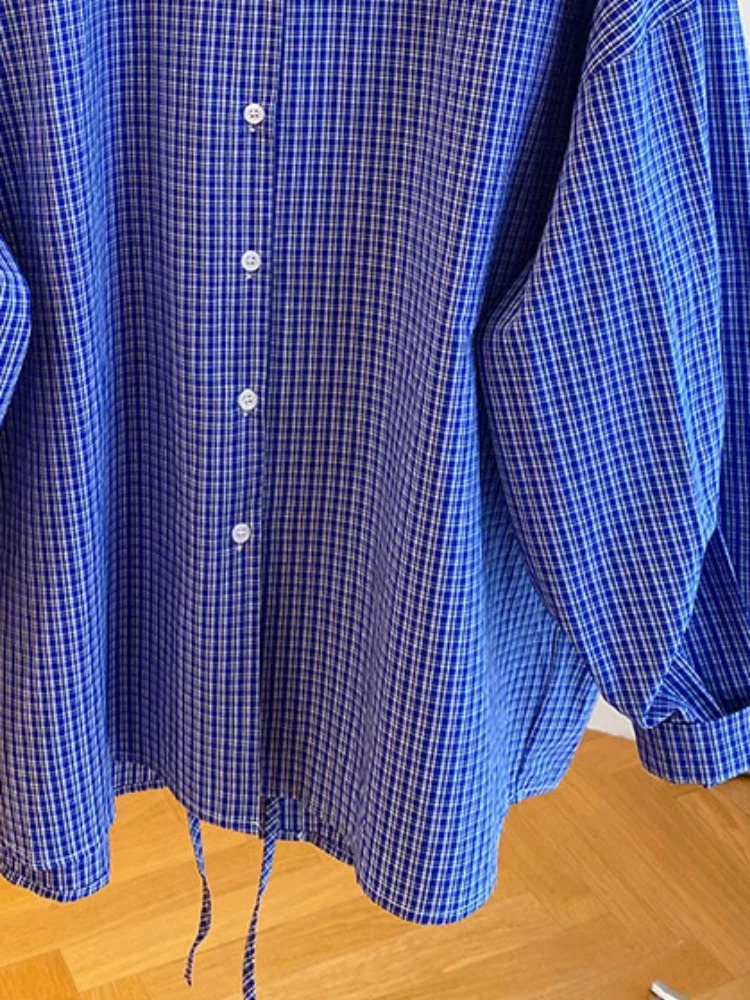 Blue Plaid Long Sleeve Loose Shirts Fashion Korean Split Bandage Blouse Women Oversized Spring Tops 2026 Casual Vintage Blouses 260207