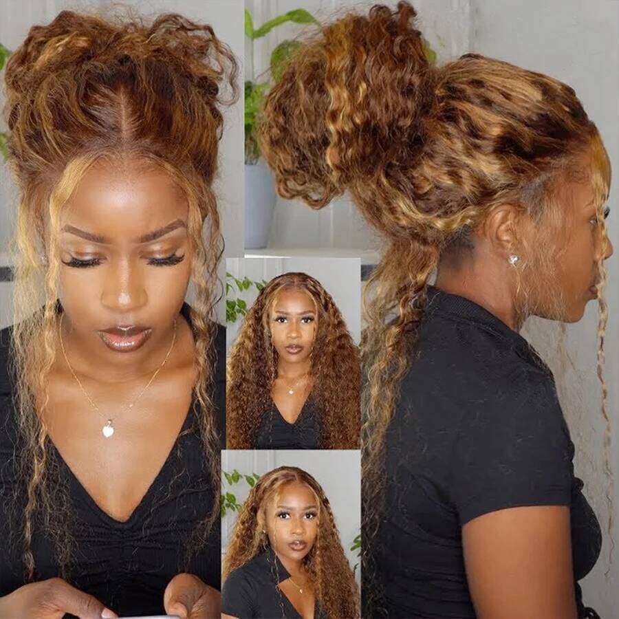 Highlight 360 Full Curly Human Hair Pre Plucked Deep Wave Glueless Invisible Strap Lace Frontal Wig Honey Blonde Color SHXI
