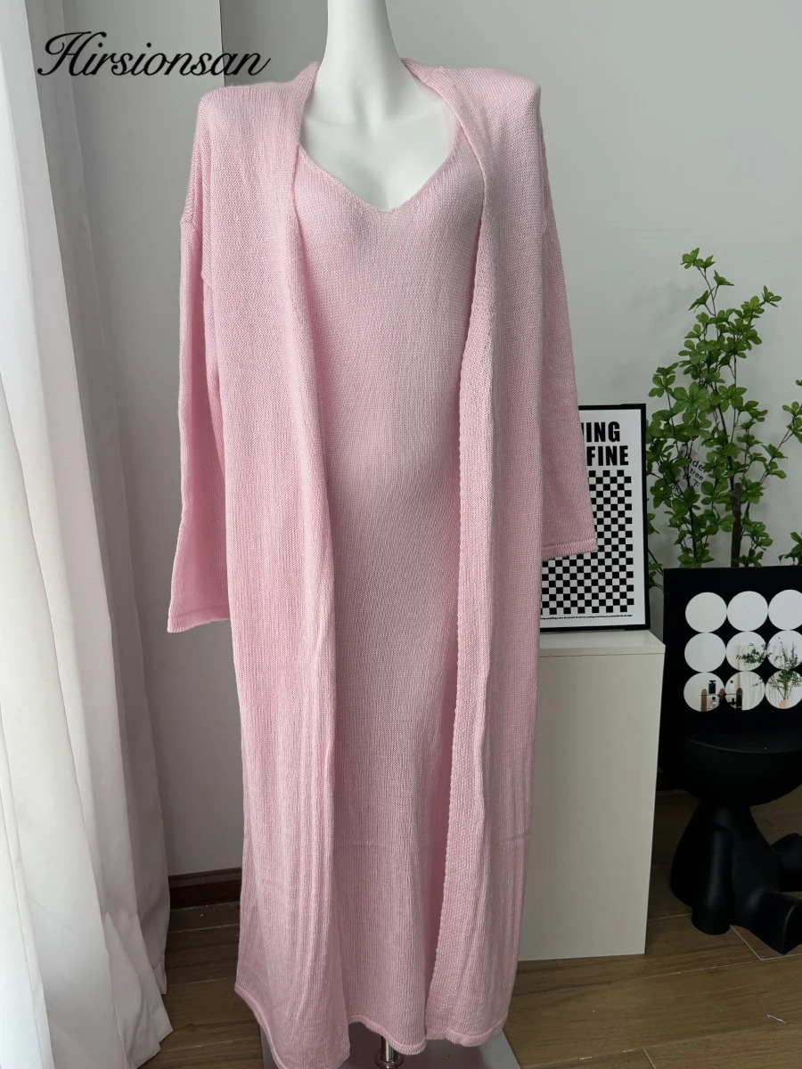 Hirsionsan Soft Loose Sets Women Three Pieces Long Sleeve Cardigan Sexy Vest Dresses Elegant Female Hollow Outfits Tracksuit 260208