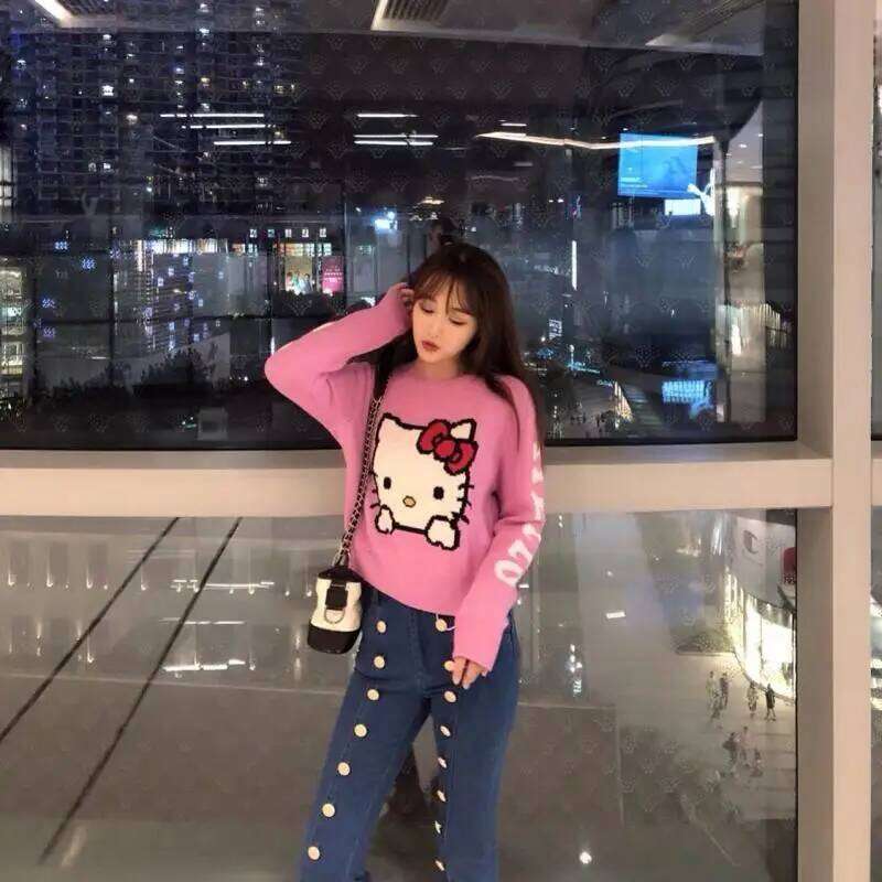 Hello Kittys Long Sleeve Knitwear Women Crop Tops Fashion Sweater Slim Fit Korean Cartoon All Match Round Neck Pullovers