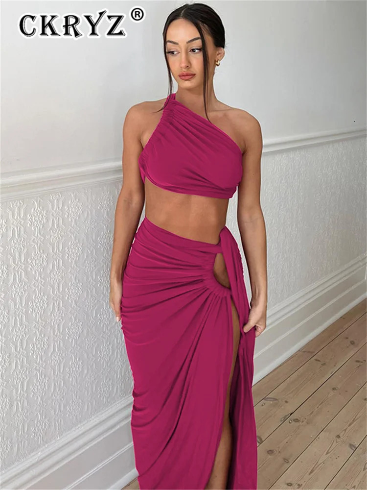 Ladies Summer 2 Pieces Set Women Sleeveless Backless Strap Spit Crop Top Side Slit Slim Long Skirt Evening Party Club Streetwear 260208