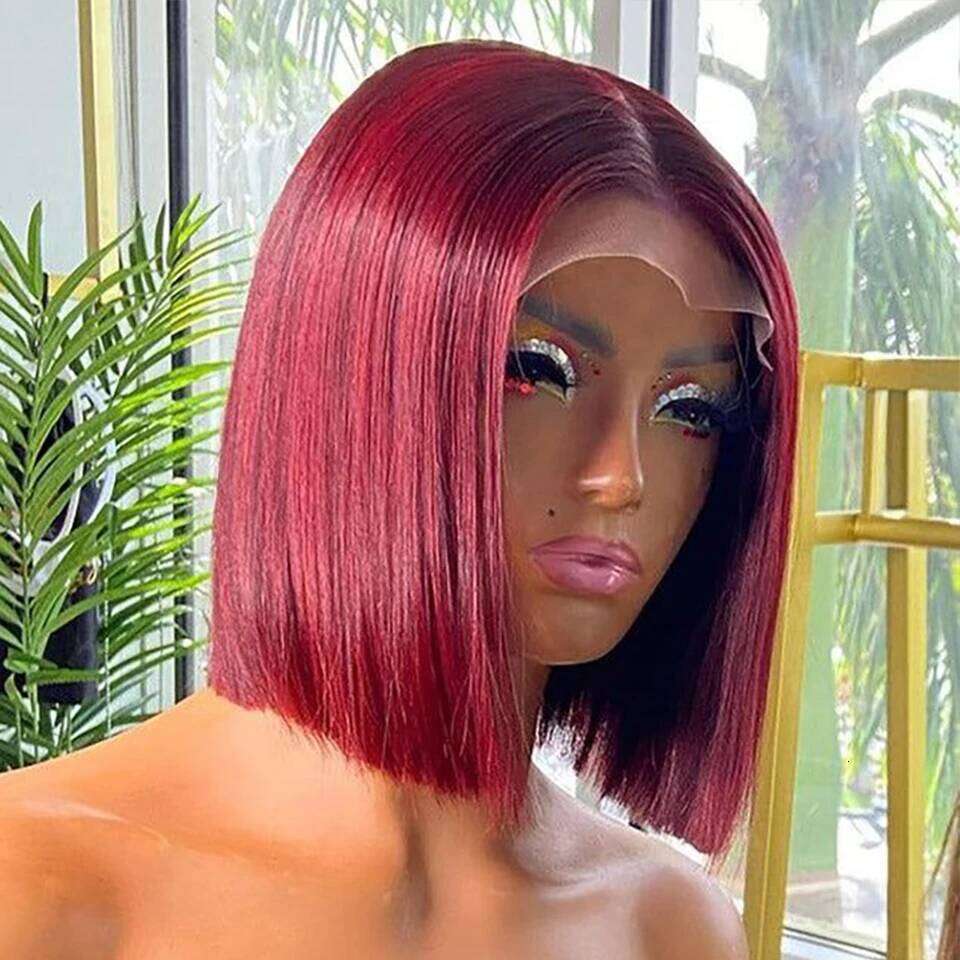 Frontal Short Straight Lace Front Bob Wigs For Black Women Human Hair Wine Red 99J Burgundy VMS