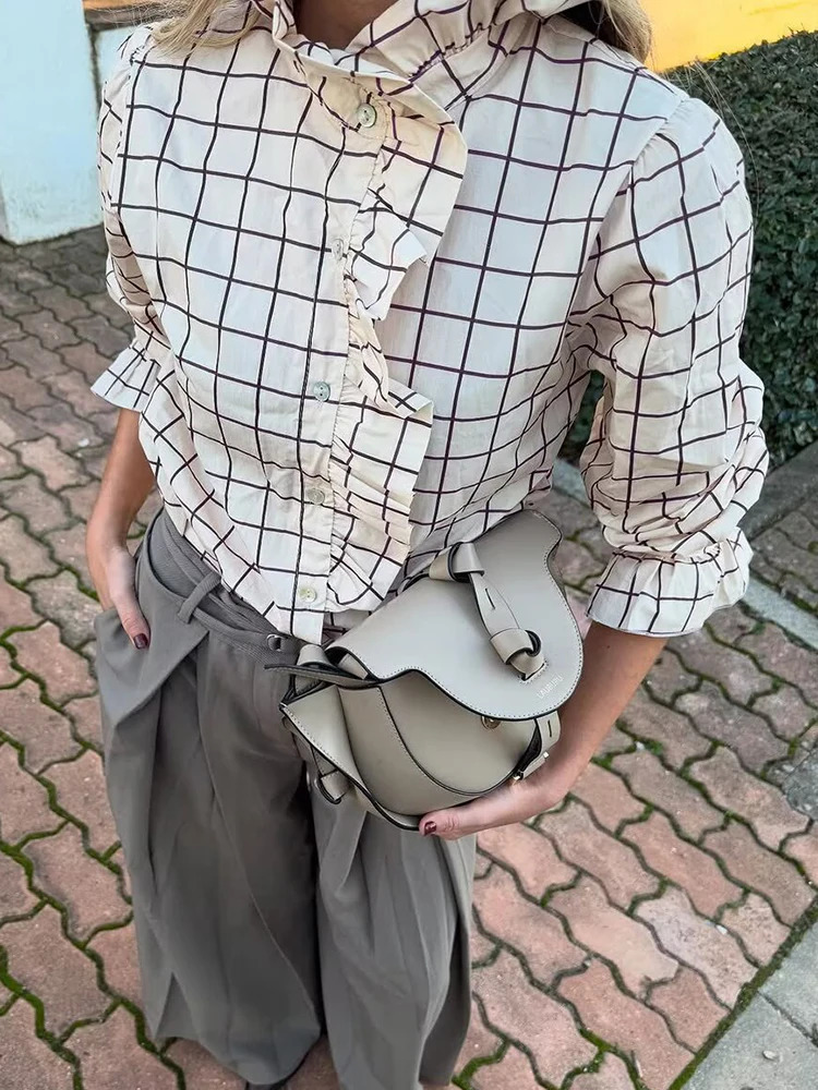 Sweet Women Ruffles Plaid Purple Shirts 2025 Fashion Ladies Casual Stand Collar Blouses for Party Female Elegant Tops Clothes 260122