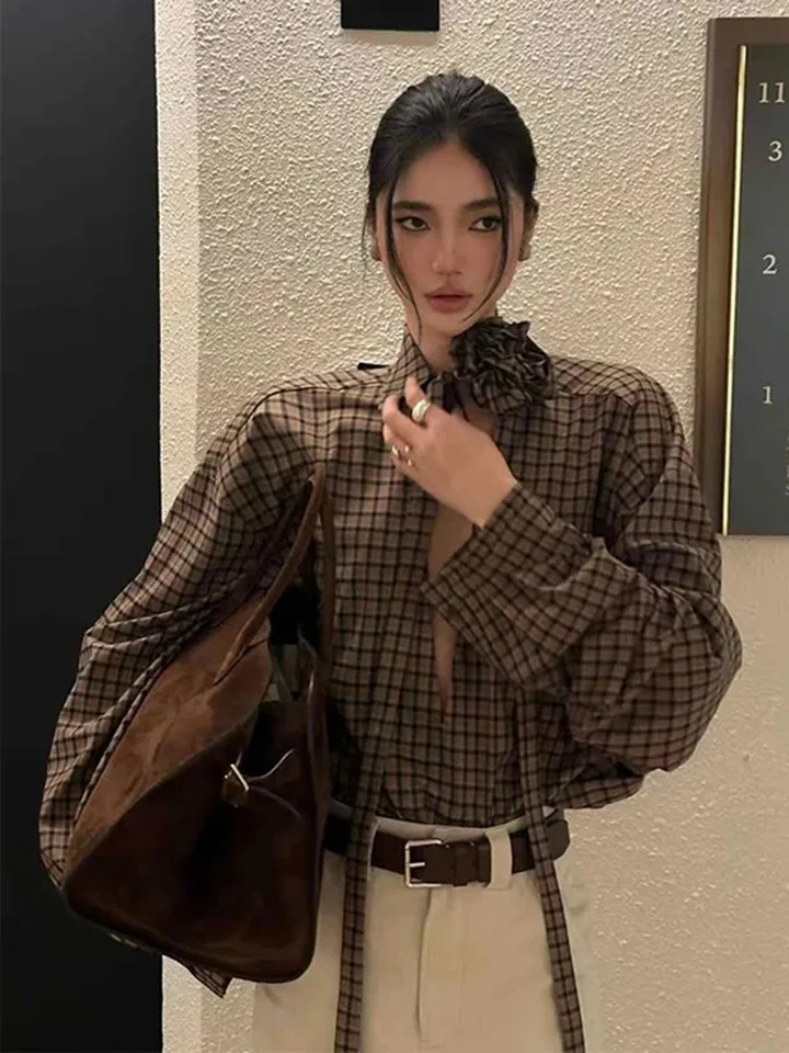 Jmprs Hollow Out Y2K Plaid Shirts Women Streetwear Vintage 3D Floral Lace Up Blouse Gothic Long Sleeve Loose American Casual Top 260207