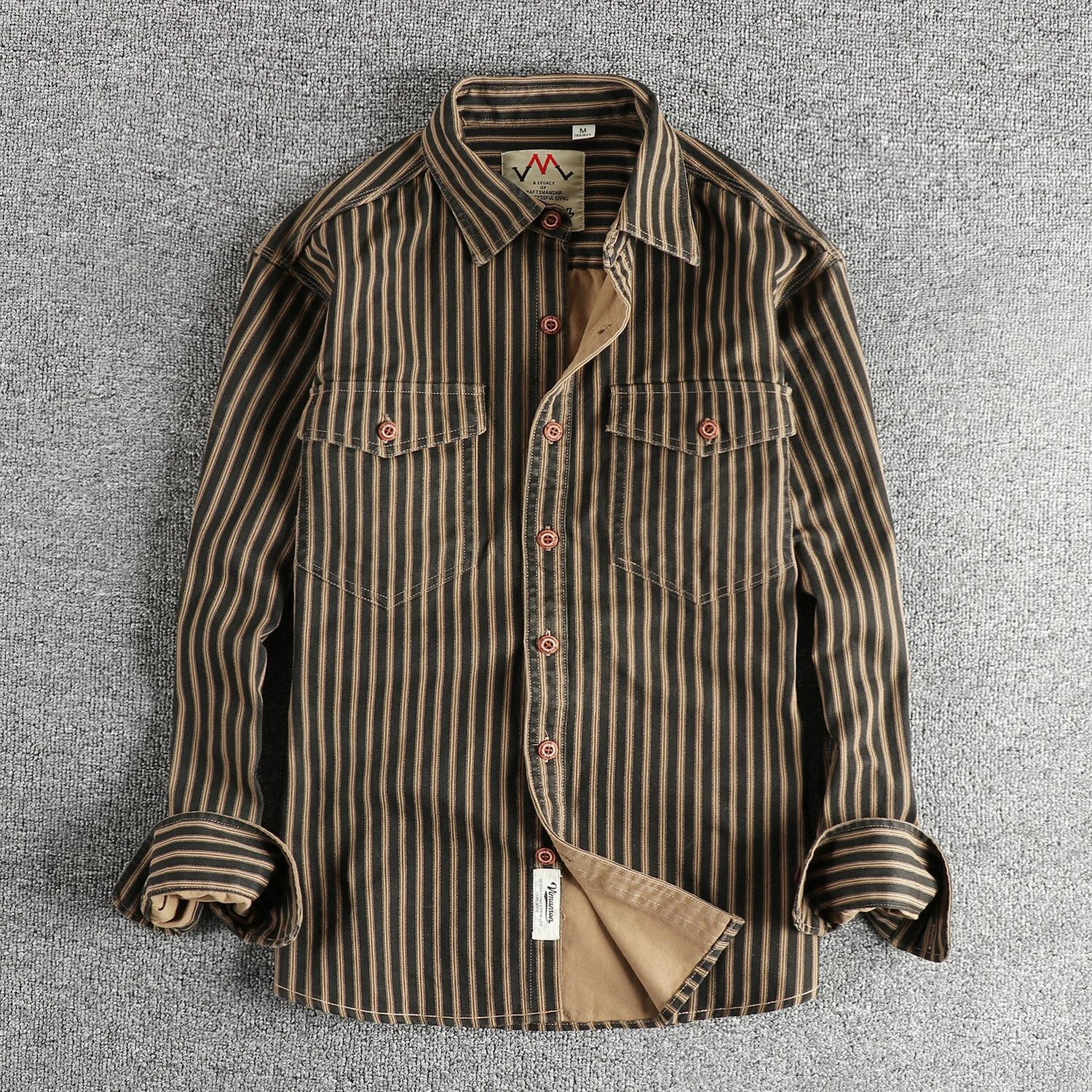 Autumn And Winter American Retro Stripe Long-Sleeve Lapel Shirt Mens Simple Fashion Washed Multi-pocket Casual Blouses 260208