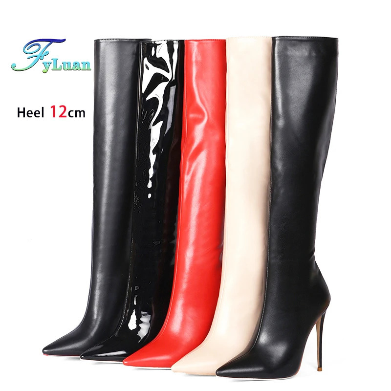 Black Pointed Boots For Woman 12CM Stiletto Fashion Women Party Winter Shoes Plus Size 43 44 45 Back Zipper Midcalf 260208