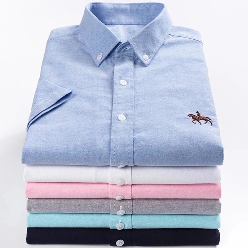 100 Pure Cotton Oxford Shirt For Mens Short Sleeve Solid Stripe Leisure Embroidered Horse Social Business Formal Dress Shirts 260208