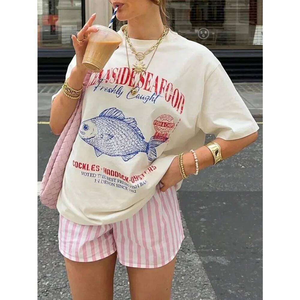 Summer American Ins Personalized Seafood Graphic T-shirts Fashion Y2K Aesthetic Street Clothing Short-sleeved Loose Tops X260209