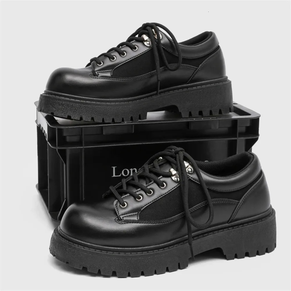 2026 Model Mens Black Casual Leather Shoes Large Toe Small Size Low Heel Thick Sole Heightincreasing Loafers 260126