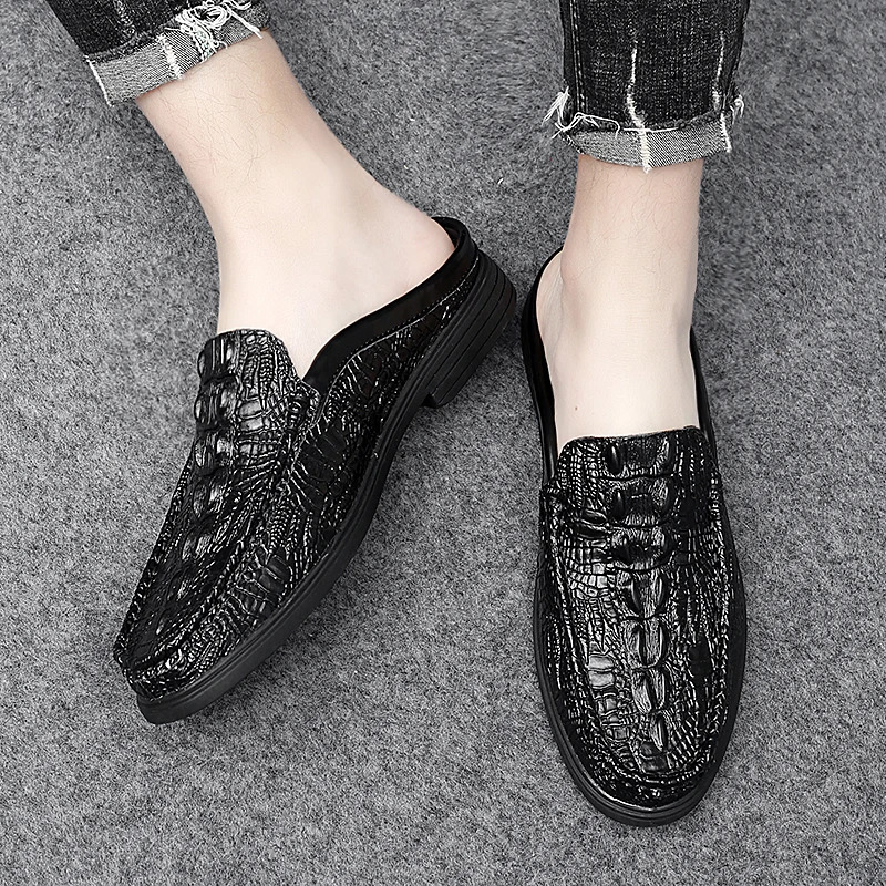 2024 Black Half Shoes for Men Leather Mules Casual Fashion Social Big Size Mocassin Elegantes Walking 260126