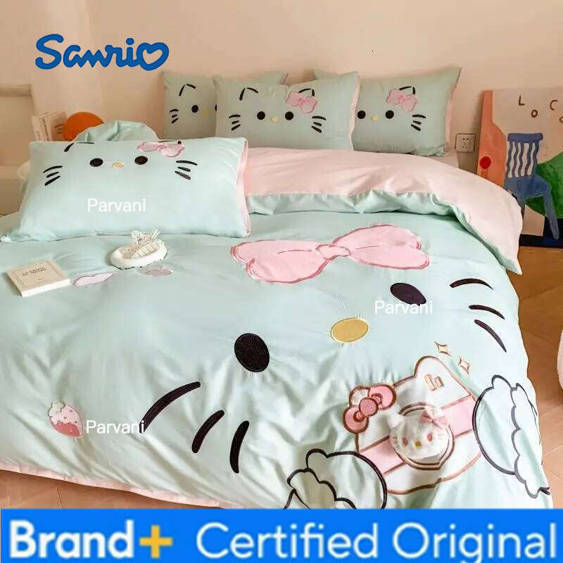 Sanrio Genuine Kitty 4pcs 100%cotton Patch Embroidered Ins Cartoon Quilt Cover Bed Sheet Pillowcase 3pcs Set H260209