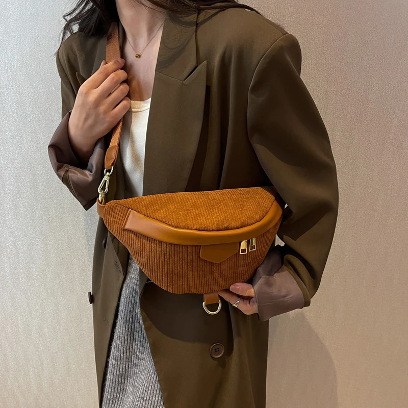 Casual Corduroy Crossbody Bag For Women Fanny Waist Pack Simple Travel Phone Purse Large Canvas Waist Bag Banana Hip Belt Bag 260130