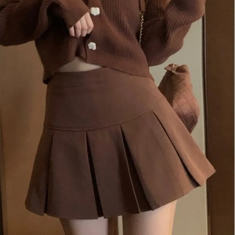 Vintage Brown Pleated Skirt Women Spring Summer Korean Style Y2K High Waisted Aline Mini Skirts Preppy Girls Causal 260126