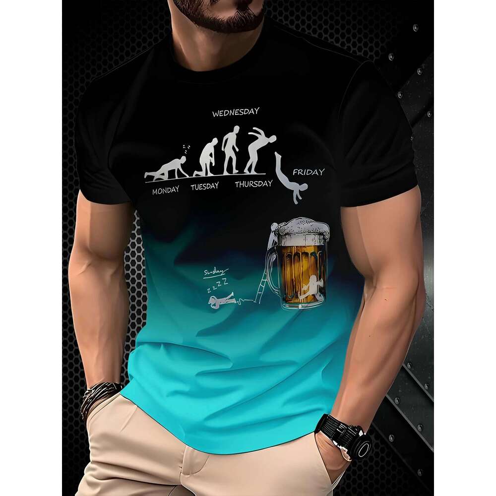 Men's 3D Printed Gradient T-Shirt - Evolution of for Man & Beer Meme,Casual Short Sleeve Crewneck,Polyester Blend,Summer X260209