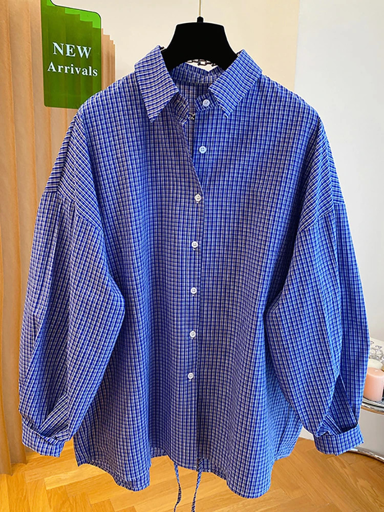 Blue Plaid Long Sleeve Loose Shirts Fashion Korean Split Bandage Blouse Women Oversized Spring Tops 2026 Casual Vintage Blouses 260207