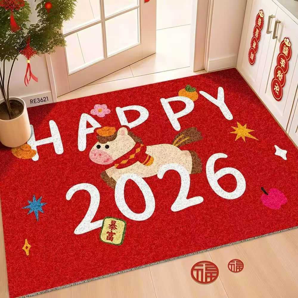 Entryway Mat Year of the Horse Red Festive Cartoon Style Silk Loop Mat Cuttable Dirt-Resistant Dust Removal Household Door Mat S260207