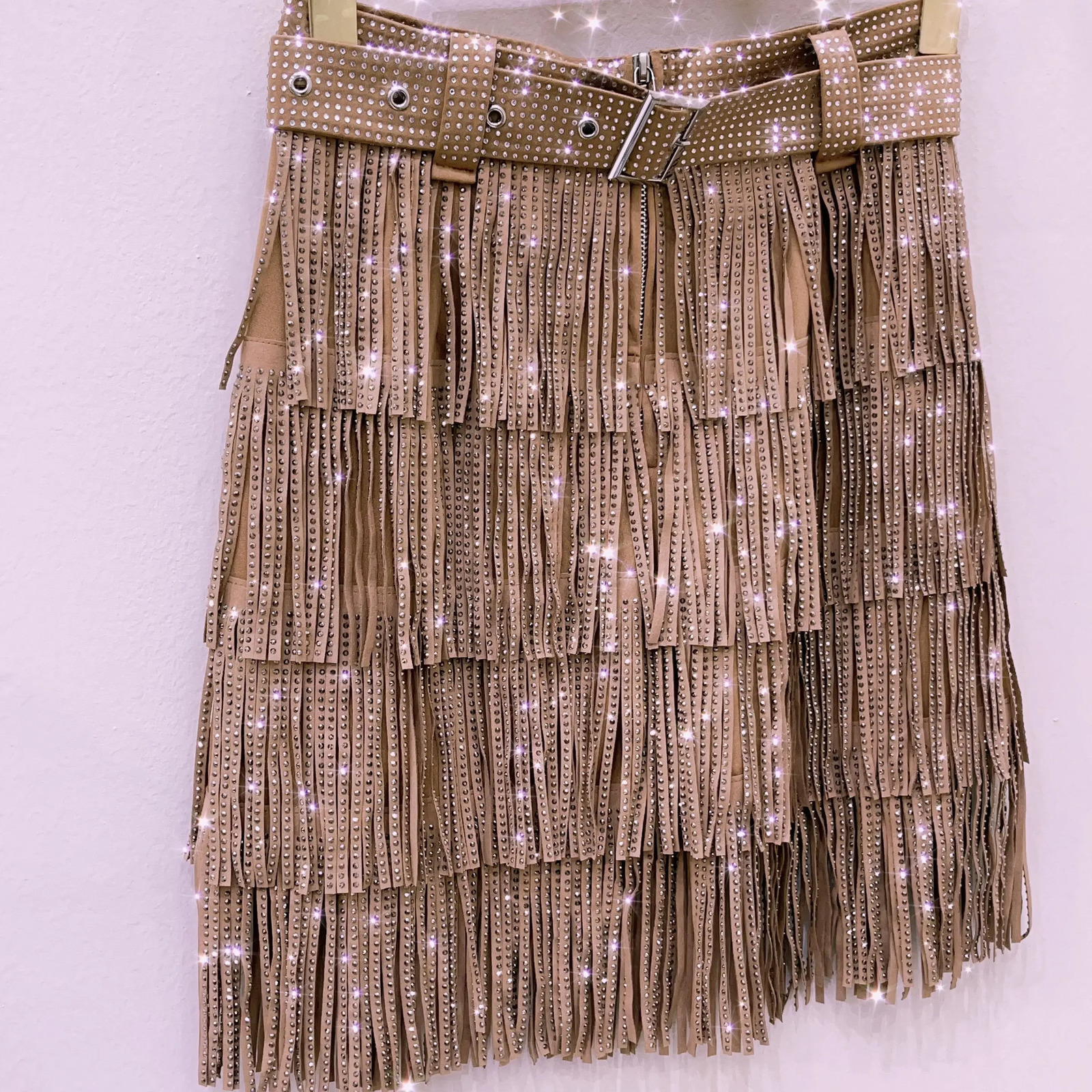 Women Skirt Fashion Autumn High Waist Belt Multi Layer Short Heavy Drilling Rhinestones Fringed with Cake A Line 260126
