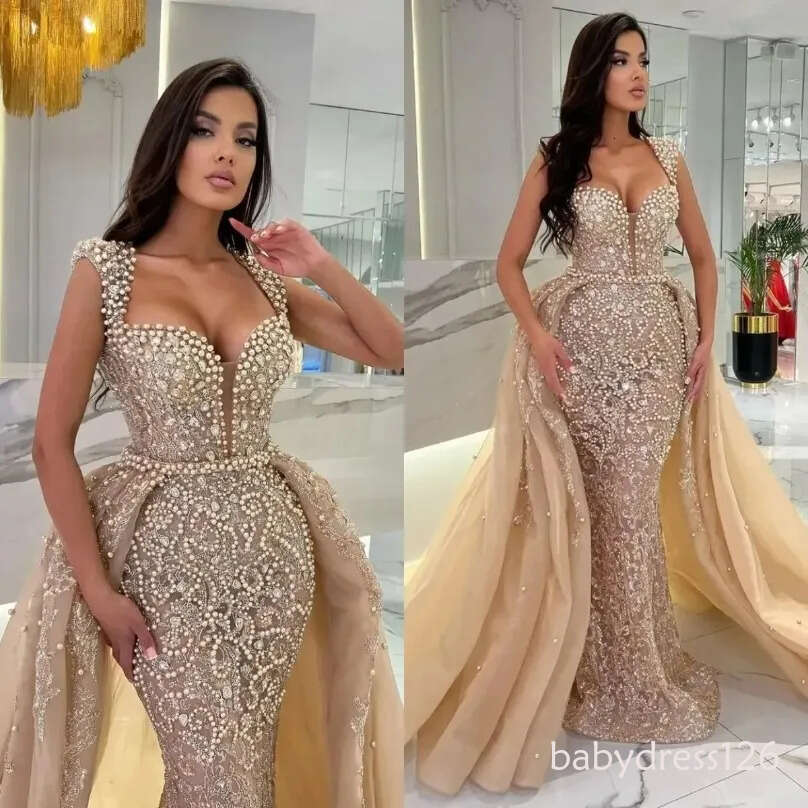 Champagne Lace Mermaid Prom Dresses 2025 Heavy Pearls Plus Size Formal Evening Occasion Gowns With Overskirt Train 10O14
