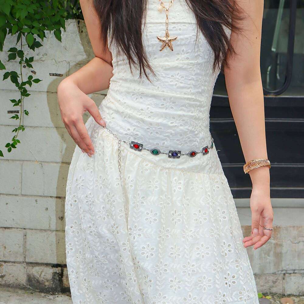 1pc Retro Rhinestone Metal Chain Trendy Individual Waist Belt Accessory X260209