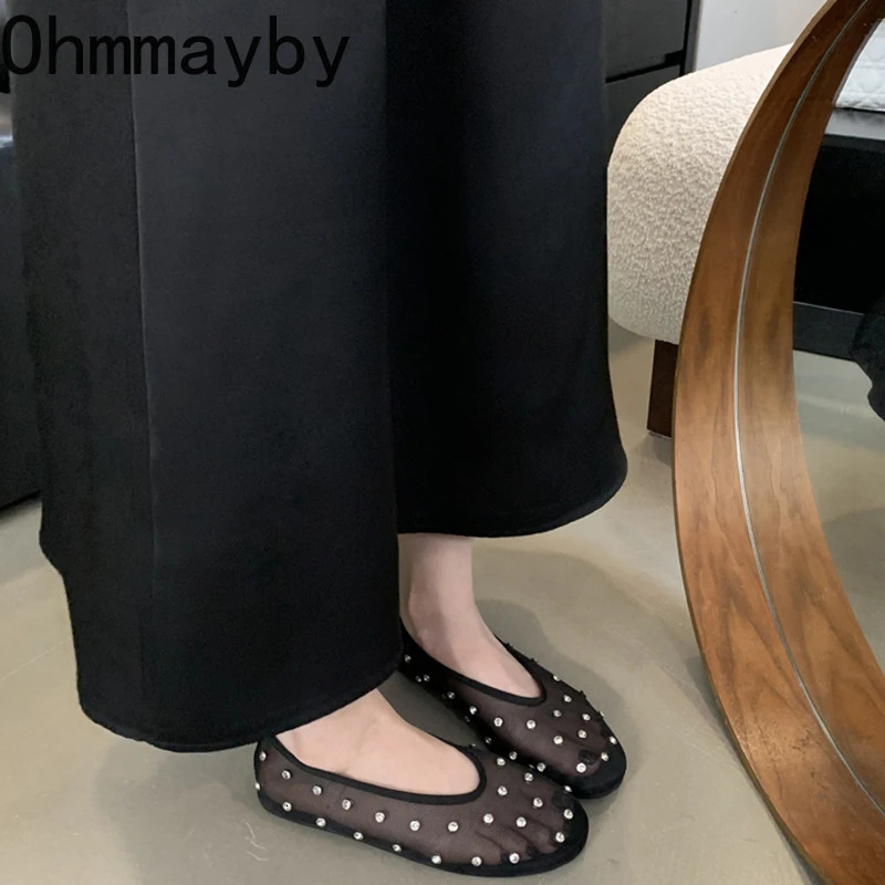 Fish Net Crystal Women Loafers Shoes Comfort Ladies Slip On Dress Ballet Flats Shoes 2026 Spring Ladies Concise Shoes 260124