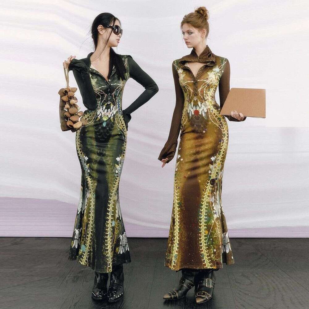 Ruisi Design Bone Print Dress For Women, Sleeve, High Collar, Unique Fishtail Long Dress, Early Spring 2026