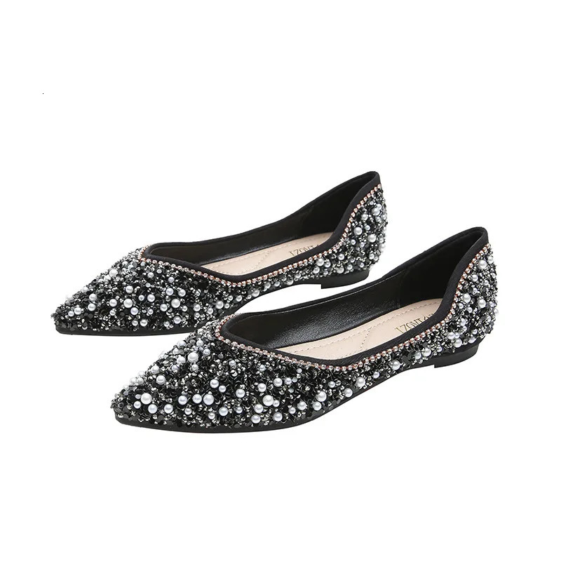 Green Sequin Beading Shoes Woman 2025 Spring Flats OL Ladies Office Work Ballets Pointed Toe Crystal Loafers Female Ballerines 260124
