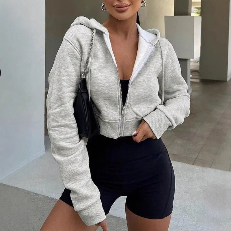 Womens Long Sleeve Hooded Zipper Cardigan Cropped Sweatshirt Casual Versatile Apparel European and American Hoodies Women 260126