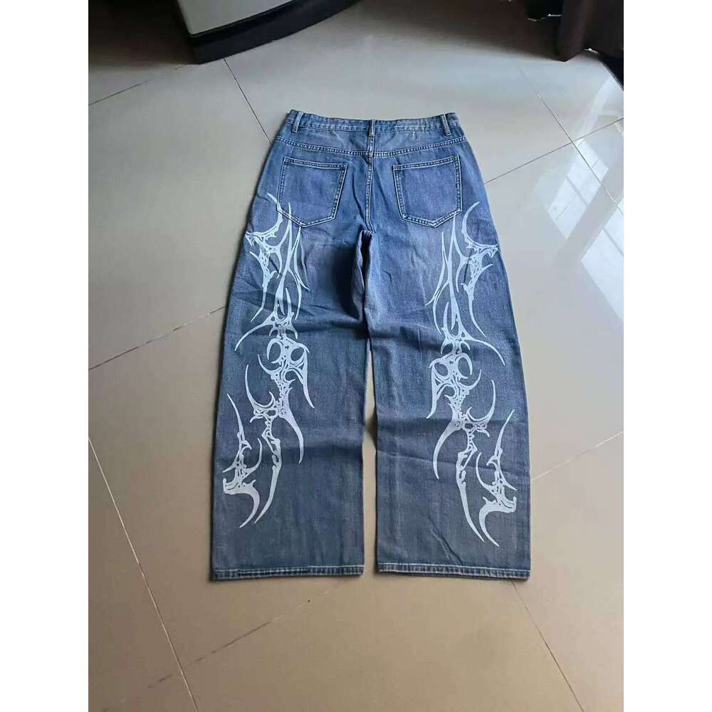 2025 retro blue printing baggy jeans y2K harajuku trend men women hip hop fashion casual Joker couple Wide-leg pants streetwear