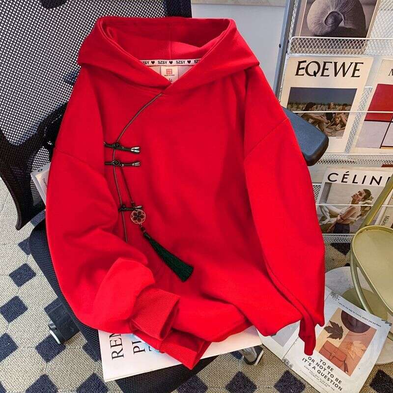 Autumn Winter New Style Cotton Fleece Hoodie Women's Clothing Plus Size Hooded Sweatshirt With Printed Embroidery And Chinese Knot