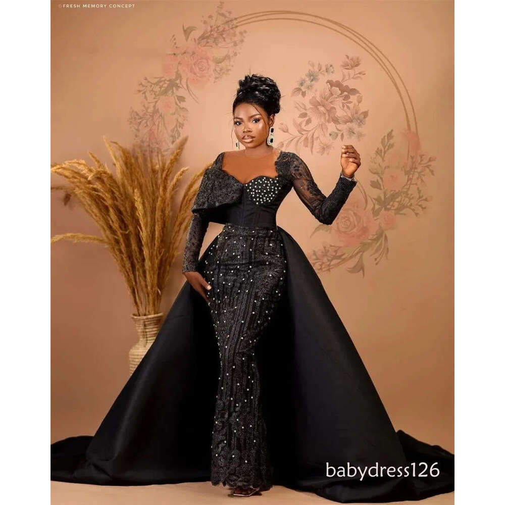 Luxury Aso Ebi Black Mermaid Evening Dresses 2026 With Overskirt For African Women Long Sleeves Formal Beaded Prom Party Gowns O22