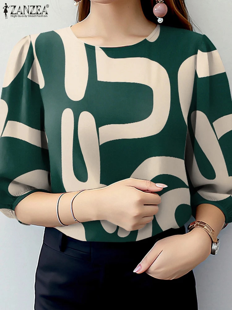 ZANZEA Elegant Office Work Blouses Summer Women Tops Stylish Spring O Neck 34 Sleeve Printed Shirt Autumn Retro Holiday Blusas 260207