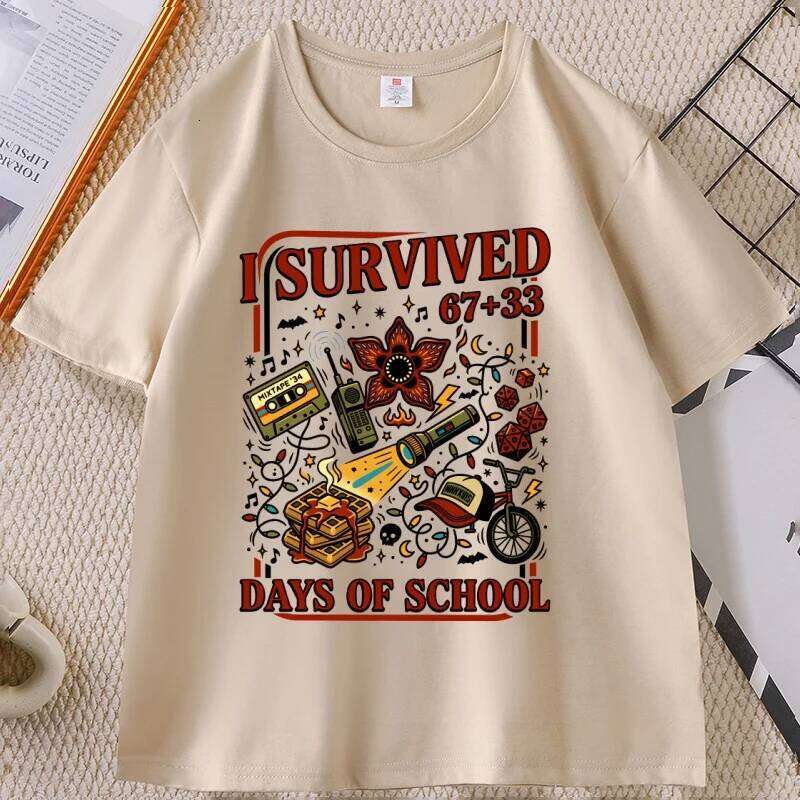 I Survived 67+33 Days of School T Shirt Funny St5 Movie T-Shirt O Neck Short Sleeve Streetwear Tshirt Loose Basic Tees X260209