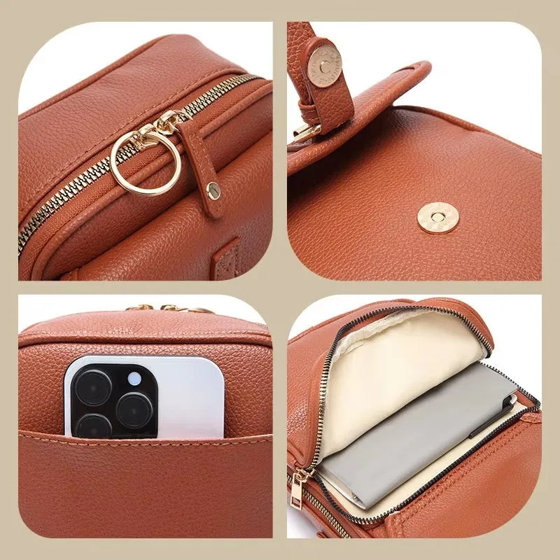Vintage Crossbody Leather Bag Double Layer Large Capacity Messenger Retro Faux Built in Purse Anti Theft 260208