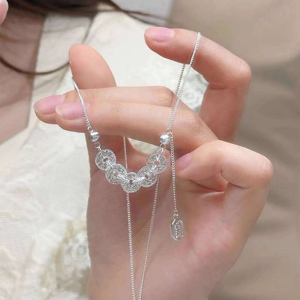 Necklace Gold Plated Crushed Ice Five Emperor Coins with Cubic Zirconia Chinese Style Adjustable Clavicle Chain for Cultural Festival Gift High Qualit
