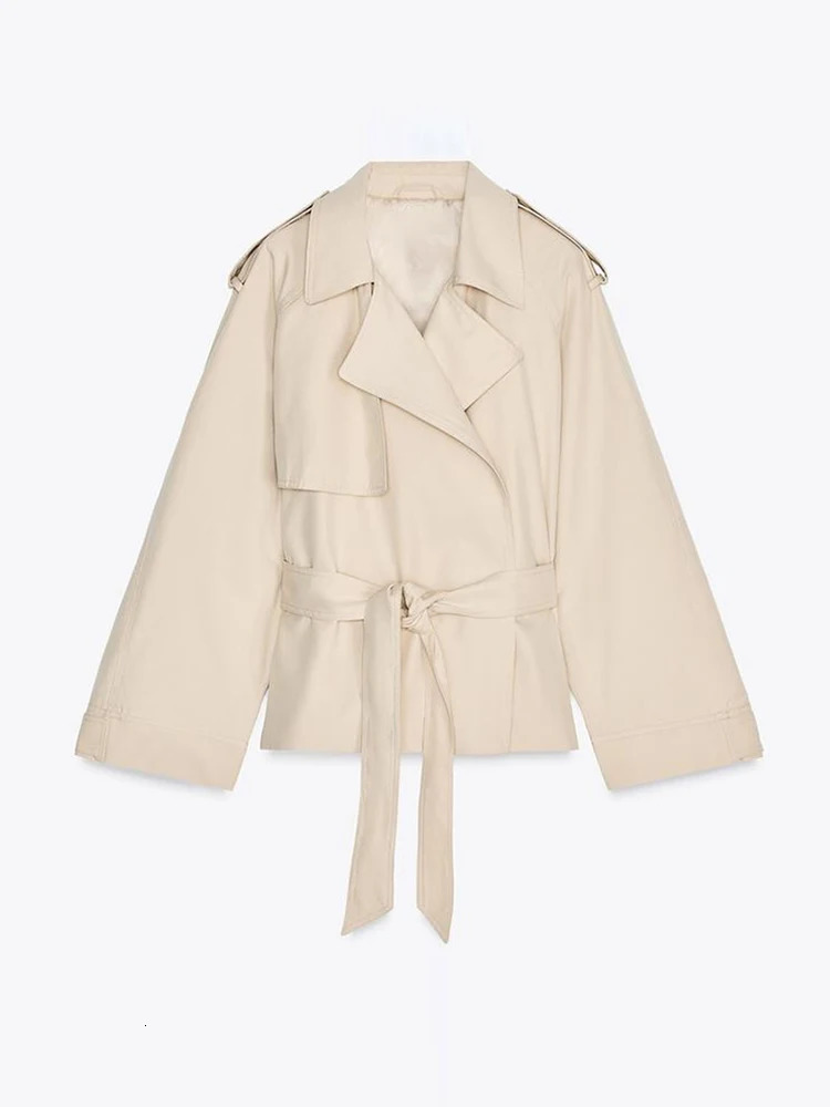 Autumn Womens Cropped Trench Coat Lace Up Apricot Lapel Full Sleeves Loose Thick Jackets 2025 Fashion Lady High Street Outwears 260120