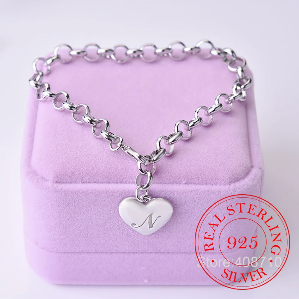 Punk 925 Sterling Silver A-Z Letter Heart Charm Bracelets Bangles For Women Fine Jewelry Pulseras Mujer Moda 260128