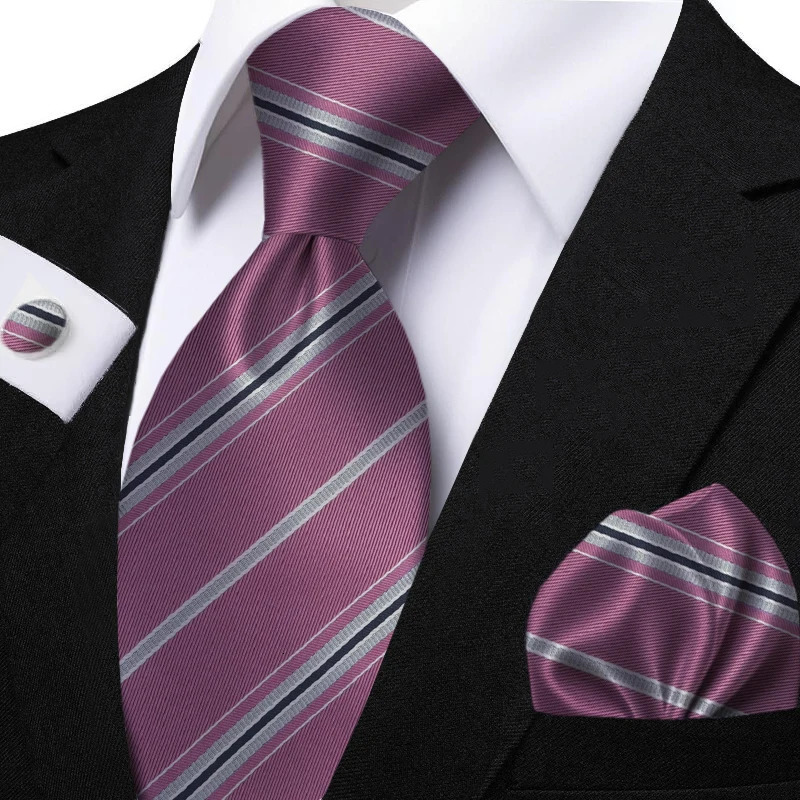 Classic Striped Jacquard Tie Set Include Purple Polyester Pocket Square As Daily Wear Party Wedding Stylish Accessories Gift 260208