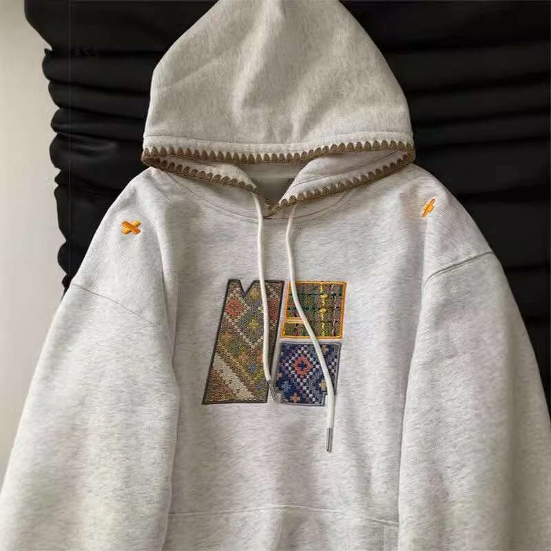 National Trend Embroidered American Retro Hooded Sweatshirt Women's Autumn Winter Slim Loose Lazy Style Fleece Plus Size Top