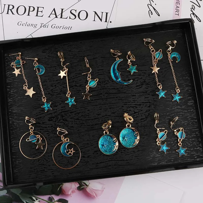 Korea Style Asymmetrical Fresh Enamel Blue Star Moon Planet Circle Clip on Earrings Non Pierced For Girl Women Party Gift 260120