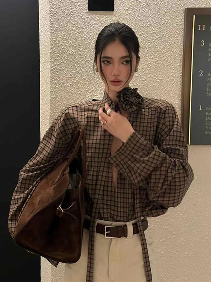 Jmprs Hollow Out Y2K Plaid Shirts Women Streetwear Vintage 3D Floral Lace Up Blouse Gothic Long Sleeve Loose American Casual Top 260207