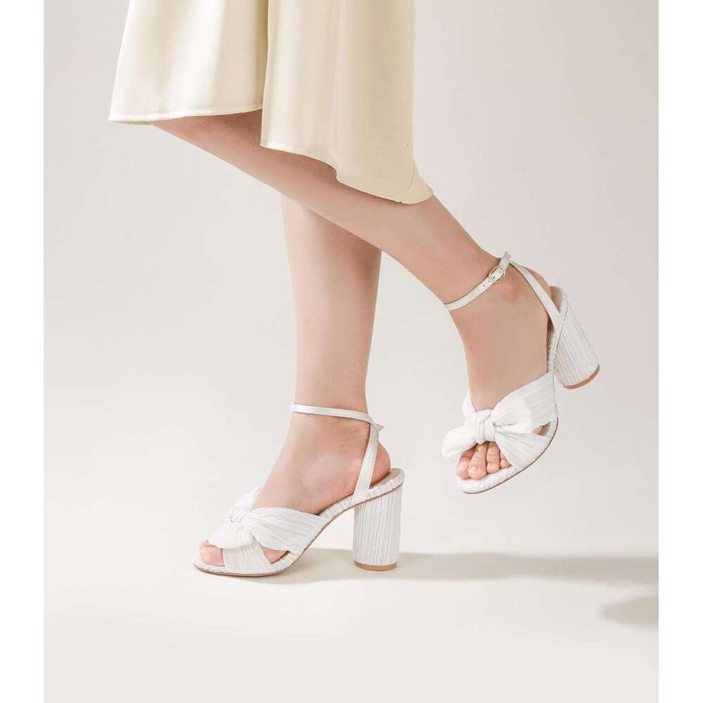 White Gold Bow Wedding Shoes For Bride Inch High Heel Open Toe Ankle Buckle Strap Dressy Pleated Women Shoe Party Graduation Event Summer
