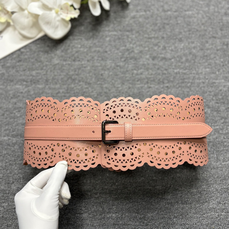 Cut out carved leather waist closure pin buckle leather wide belt dress waist geometric decoration silver buckle wide belt 241216
